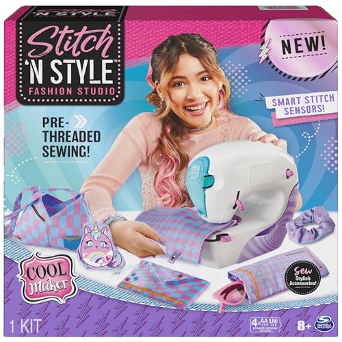 Cool Maker, Stitch ‘N Style Fashion Studio, Pre-Threaded Sewing Machine Toy, Fabric & Water Transfer Prints, Arts & Crafts for Kids