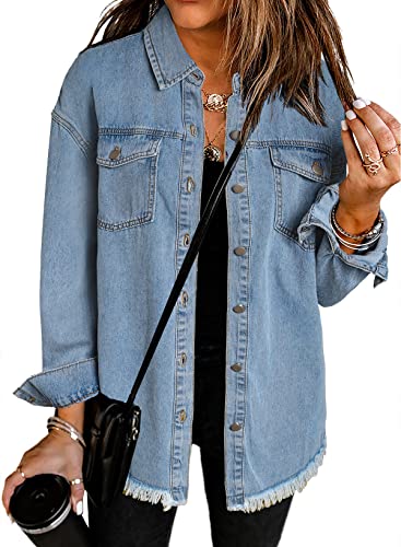 Dokotoo Womens Washed Boyfriend Oversized Lapel Button Up Long Sleeve Denim Trucker Jacket Distressed Ripped Denim Jackets Fashion Distressed Jean Jacket for Women with Pockets,(US 12-14) L,Sky Blue