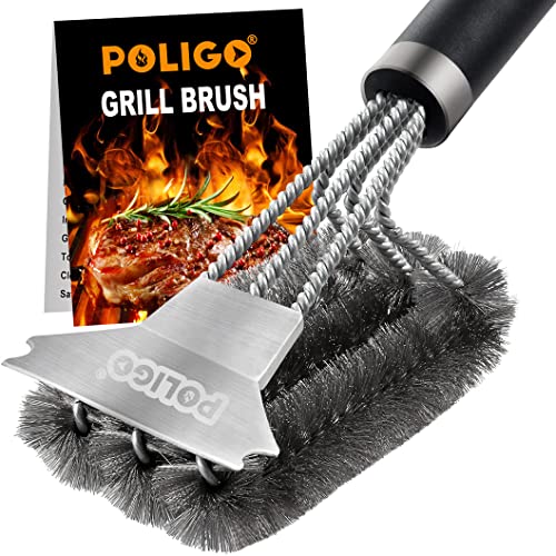 POLIGO Safe Grill Brush and Scraper with Deluxe Handle - 18' Grill Cleaner Brush Stainless Steel Bristle Grill Brush for Outdoor Grill Wizard Grate - BBQ Brush for Grill Cleaning Ideal Grilling Gifts