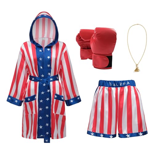 Regenboog Rocky Balboa Costume Men and Women,American Flag Boxing Costume Adult,Satin Boxer Robe Shorts Belt,Boxing Gloves,USA Robe,Halloween,S