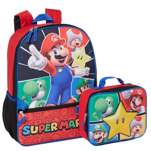 RALME Super Mario Backpack with Lunch Box Set for Boys & Girls, 16 inch, Value Bundle