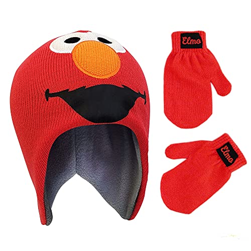 Sesame Street Boys Winter Accessory Hat and Mittens Set, Elmo Toddler Beanie and Mittens for Kids Ages 2-4, Red/Black