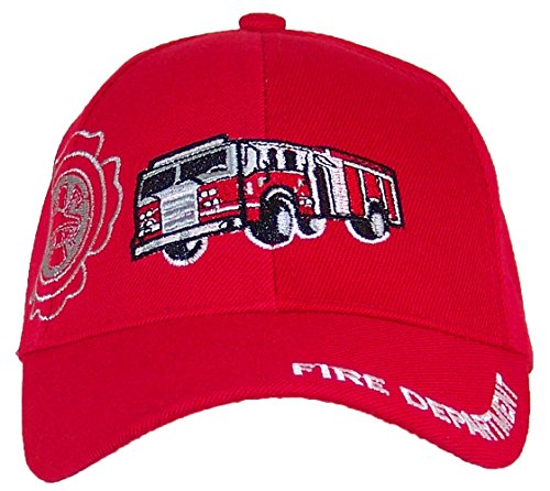 Kid/Child Embroidered Fire Truck Adjustable Hook and Loop Hat (One Size) - Red