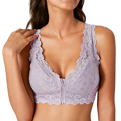 Rolewpy Floral Lace Bralette for Women, Zipper Wireless Bra Lingerie with Removable Padded Halter Crop Top (Dawn Purple, XL (40B 40C 40D))