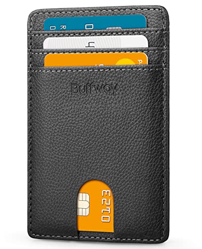 Buffway Mens Slim Wallet, Minimalist Thin Front Pocket Leather Credit Card Holder with RFID Blocking for Work Travel - Chicago Black