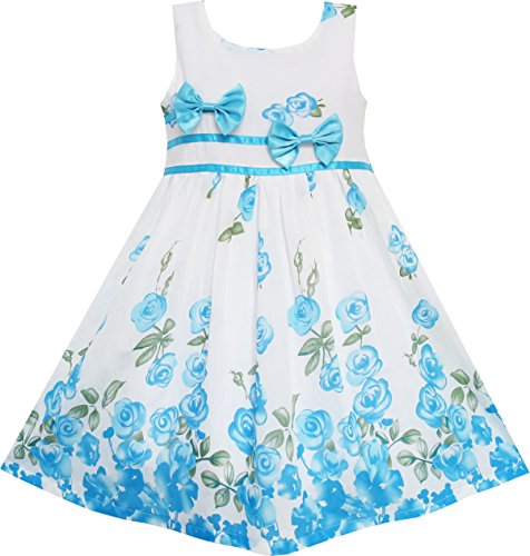 Sunny Fashion EY73 Big Girls' Dress Blue Flower Double Bow Tie Party Summer Camp 7-8