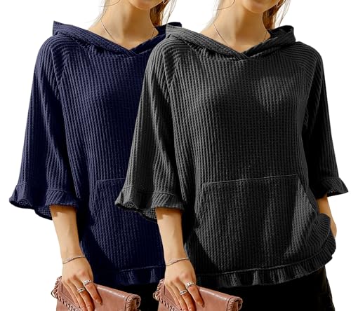 DOUBLJU 2 Pack Casual 3/4 Ruffled Sleeve Oversized Hoodie with Pocket Waffle Knit Sweatshirt Losse Top Workout Sets for Women