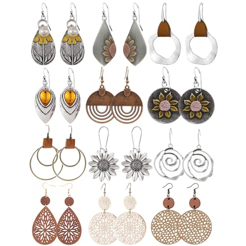 12 Pairs Boho Vintage Geometric Round Earrings Wooden Leather Earrings Ethnic Style Vintage Sunflower Earrings Christmas Earrings for Women and Girls