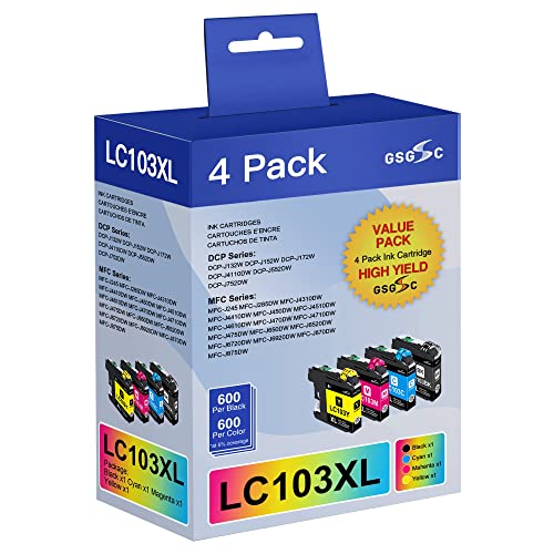 GSGSC LC103 Ink cartridges Compatible for Brother LC103XL LC101 High Yield Work with Brother MFC-J870DW MFC-J6920DW MFC-J6520DW MFC-J450DW MFC-J470DW (1 Black, 1 Cyan, 1 Magenta, 1 Yellow, 4 XL Pack)
