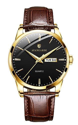 AVANGARDE Men's Watches, Analog Quartz Watch with Brown Leather Strap, Easy to Read with Date and Luminous Function, Men's Watch, Rose Gold Classic Dress Watch, Waterproof