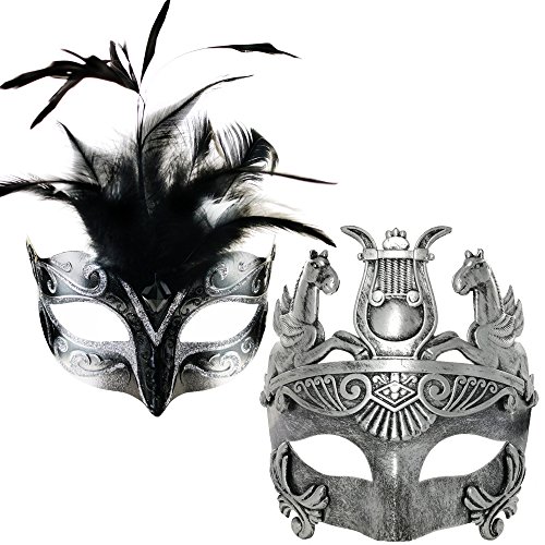 New Silver/Black Feather Women Mask & Silver Roman Warrior Men Mask Venetian Couple Masks For Masquerade/Party/Ball Prom/Mardi Gras/Wedding/Wall Decoration(elastic band)
