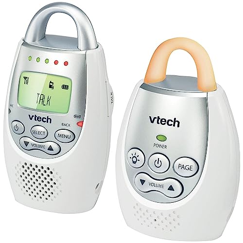 VTech DM221 Audio Baby Monitor with up to 1,000 ft of Range, Vibrating Sound-Alert, Talk Back Intercom & Night Light Loop, White/Silver