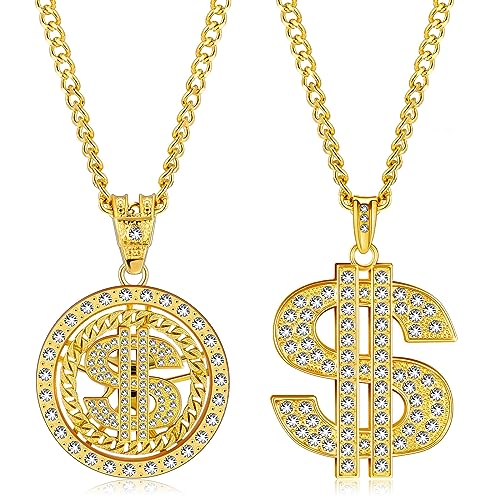 Tatuo 2 Pieces Plated Chain for Men with Dollar Sign Pendant Necklace, Hip Hop Dollar Necklace (Gold,Mixed Style)