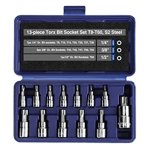 WORKPRO 13-Piece Torx Bit Socket Set T8-T60, 1/4', 3/8' and 1/2' Drive, S2 Steel 6 Point Star Bits and CR-V Sockets with Storage Case For Hand Use Work On Cars, Trucks