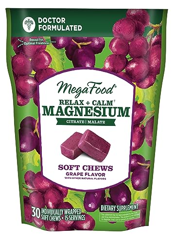 MegaFood Relax + Calm Magnesium Supplement - Soft Chews with Magnesium Citrate & Magnesium Malate for Heart Health, Muscle Tension & More - Vegetarian - Grape-Flavor - 30 Chews per Pack (Pack of 1)