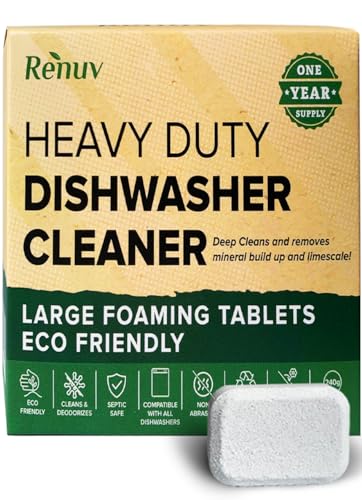 Renuv Heavy Duty Dishwasher Cleaner, Deodorizer, Descaler Tablets, Deep Cleans, Removes Odor, Calcium, Limescale, Hard Water Marks (12 Tabs - 1 Yr Supply)
