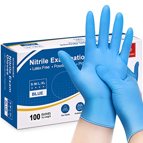 Schneider Nitrile Exam Disposable Gloves For Medical, Cleaning, 4mil, Blue, Medium 100-ct Box, Latex-Free, Food Safe Rubber Gloves for Cooking & Food Prep, Powder-Free, Non-Sterile