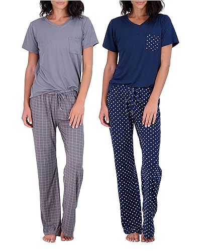 Real Essentials Women's Short Sleeve V-Neck Top and Drawstring Pant Pajama Set, Small, Pack of 2