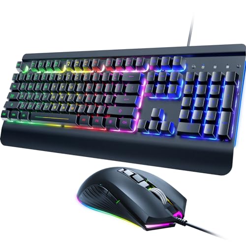 Dacoity Wired Gaming Keyboard and Mouse Combo, 104 Keys All-Metal Panel Rainbow Computer Keyboard with Multimedia Keys Wrist Rest and LED Backlit Gaming Mouse 4200 DPI for Windows PC Gamers (Black)