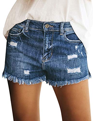 luvamia Women's Casual Mid Waist Ripped Denim Shorts Frayed Raw Hem Jean Shorts Casual Shorts Classic Blue Size XL