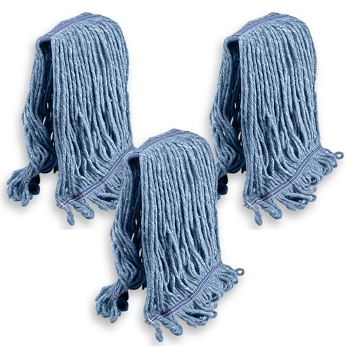 KLEEN HANDLER Pack of 3 HEAVY DUTY Commercial Mop Head Replacement, Wet Industrial Cotton Looped End String Cleaning Mop Head Refill, Blue Mop