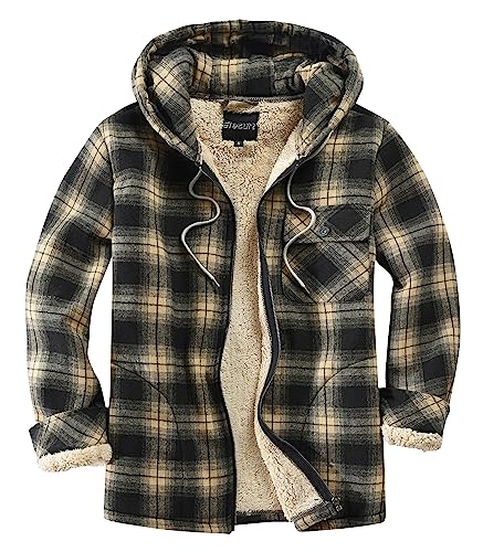 Elesuit Men's Flannel Shirt Jacket Fleece Lined Plaid Coat Full Zip Up Hoodie Winter Outwear Brown Medium