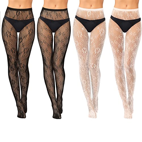 Jiuguva 4 Pack Women's Patterned Tights Fishnet Stockings Floral Pantyhose Stockings Leggings Lace Tights for Women Girls (Bow Tie Style)