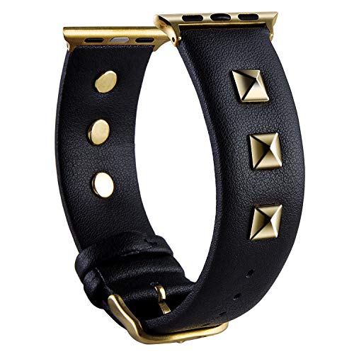 Vikoros Golden Rivets Studs Leather Bands Compatible with Apple Watch Ultra SE Series 8 7 6 5 4 3 49mm 45mm 44mm 42mm, Jewelry Bracelet WristBand Replacement Strap for iWatch Bands Black Gold Buckle