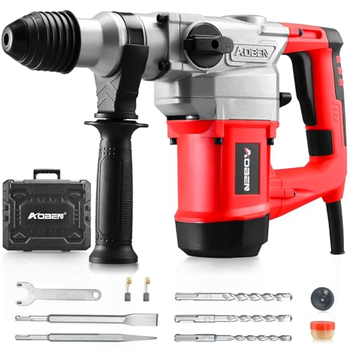 AOBEN 1-1/4 Inch SDS-Plus Rotary Hammer Drill with Vibration Control and Safety Clutch,10 Amp Heavy Duty Demolition Hammer for Concrete-Including 3 Drill Bits, Flat Chisels, Point Chisels