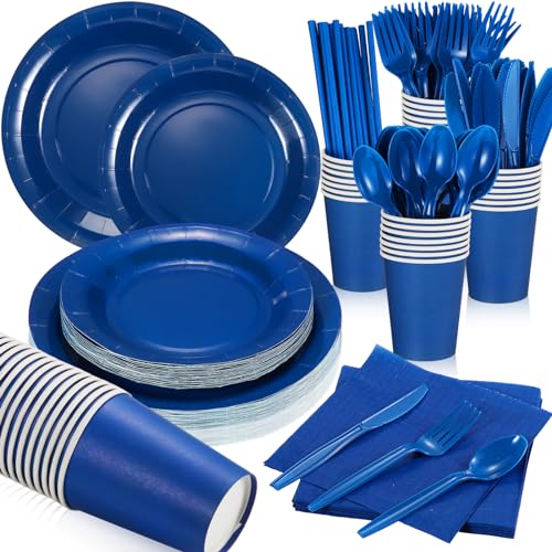 Sieral 200 Pcs Party Supplies for 25 Guests Disposable Tableware Kits with Paper Plates, Cups, Napkins, Cutlery and Straws for New Year Birthday Picnic BBQ Wedding Party Decorations(Navy Blue)