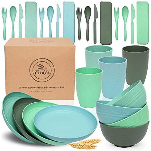 FOODLE Wheat Straw Dinnerware Sets for 4 - Lightweight & Unbreakable Dishes - Microwave & Dishwasher Safe - Perfect for Camping, Picnic, RV, Dorm - Plates, Cups and Bowls - Great for Kids & Adults