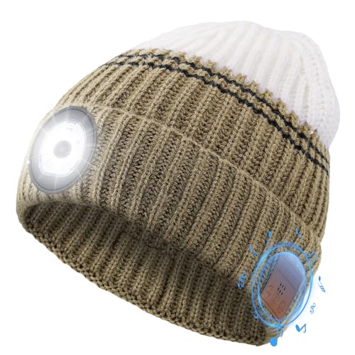 Bluetooth Beanie with LED Light Wireless Music Hat Built-in Heaphone Unique Gifts Cuffed Beanie Hat for Unisex Teens White