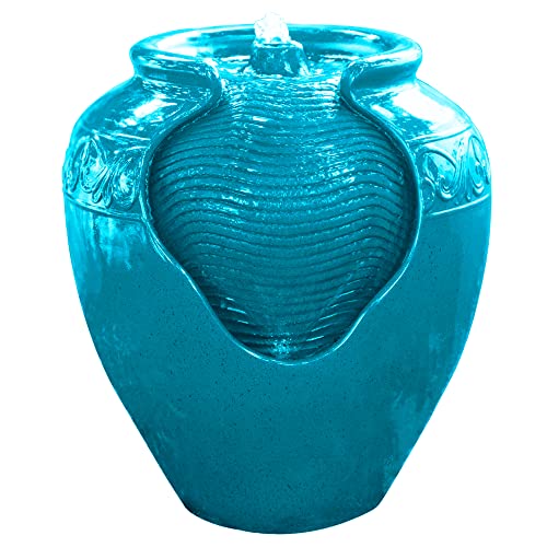 Teamson Home Floor Glazed Pot Water Fountain with Built-in LED Light and Pump for Outdoor Indoor Patio Garden Backyard Decking Home Décor, 17 inch Height, Teal
