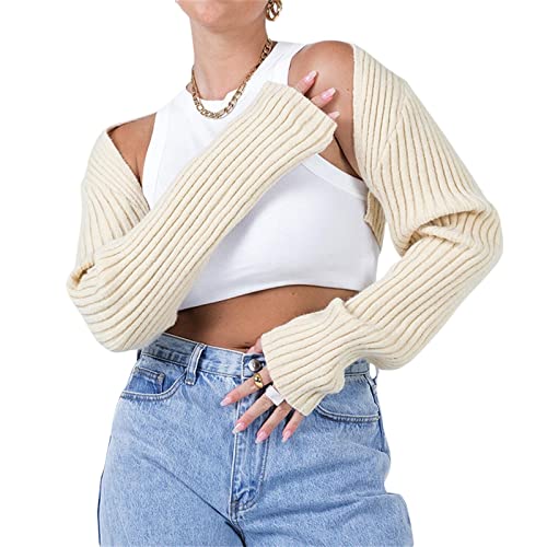 Bolero Shrugs for Women Long Sleeve Arm Sleeves Patchwork Crochet Shrug Sweater Knit Crop Tops Cardigan Cover Ups (Beige, L)