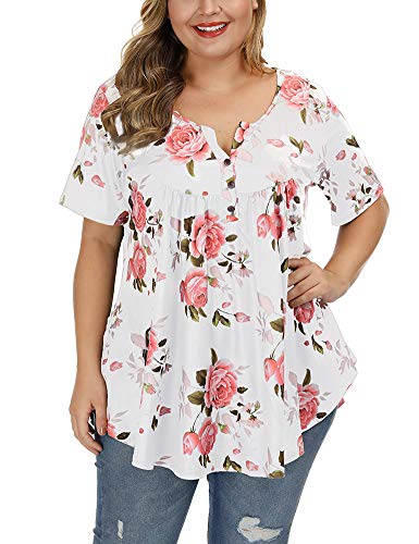 ALLEGRACE Women's Plus Size Blouses Short Sleeve Henley Shirts Button Up V Neck Floral Pleated Tunic Tops White 3X