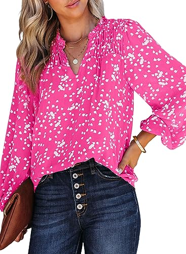 Dokotoo Womens Work Business Chiffon Blouses and Tops Loose Fit Dressy Alicia Floral Print V Neck Smocked Long Sleeve Shirts for Women Office Boho Top Trendy Pink Large