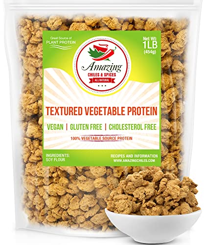 Textured Vegetable Protein (TVP), Unflavored, 1 lb. Bag, Natural Plant Based Vegan Protein Chunks, Non-GMO and Gluten Free Crumbles, Cholesterol Free by Amazing Chiles