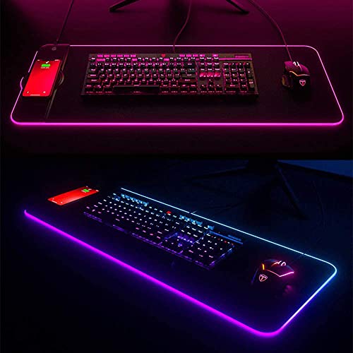 Wireless Charging RGB Gaming Mouse Pad 15W | 10 LED Light up modes Extra large (XL) Mousepad | Waterproof | Non-slip rubber base computer keyboard mat for laptop, pc, desk, Big Mouse Mat (800x300x4MM)