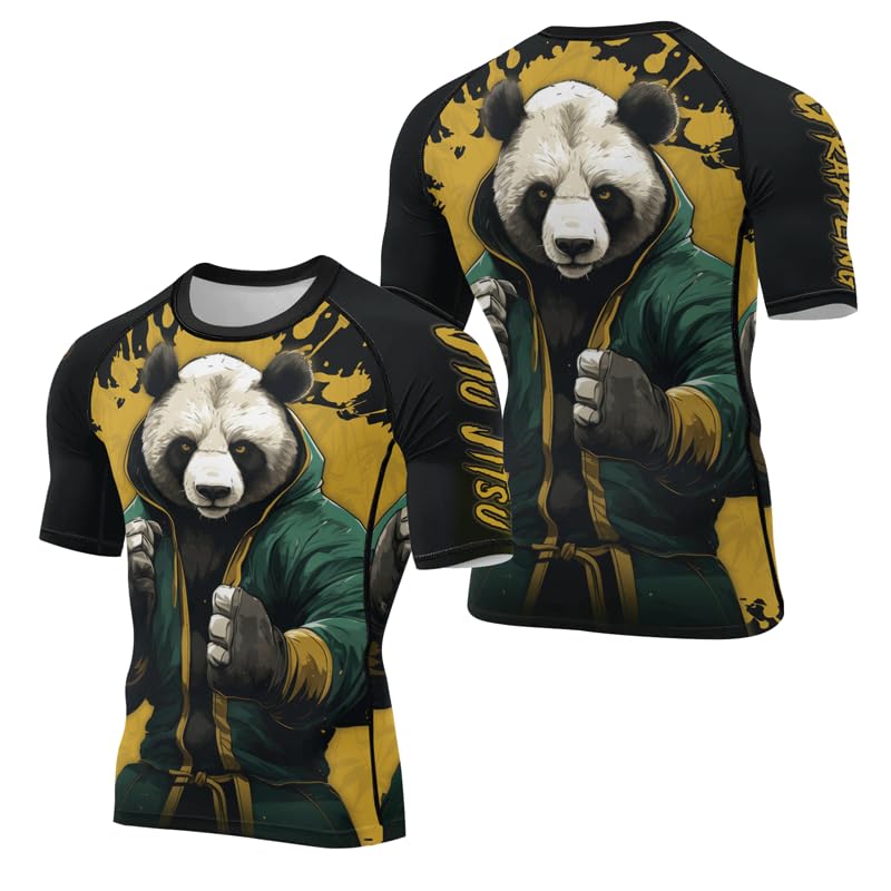 FORMONIES POD Panda Fighter Men's Short Sleeve Compression Rash Guard MMA Jiu Jitsu BJJ Grappling Base Layer Combat Shirt (US, Alpha, 5X-Large, Regular, Regular, V7)