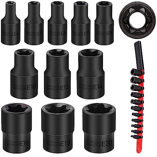 SEDY 11-Piece E-Torx Socket Set - Star Socket Set with Socket Rail, External Torx Socket with Socket Organizer, External Torx Socket Set, E4 E5 E6 E7 E8 E10 E12 E14 E16 E18 E20 Reverse Torx Socket Set