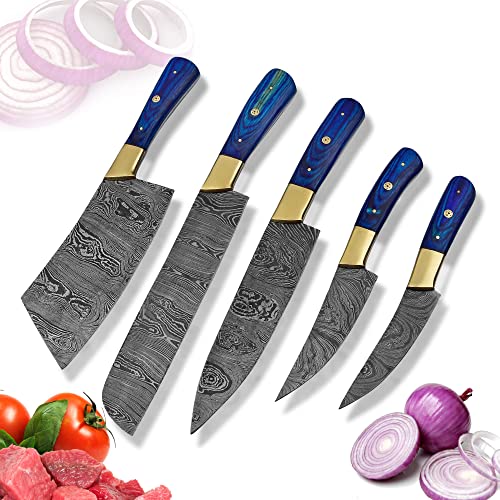 JS Damascus Chef Knife Set - Custom Handmade Damascus Steel Chef Set 5 Pc's Kitchen Knife Set