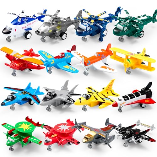 JOYIN 16 Pcs Pull Back Airplane Toys, Boys Plane Playset, Aircraft Incl Helicopter Toys, Fighter Jet Toys, Bomber Toys, Biplane Toy, Gifts for Toddler Kids 3+ Years Old, Kids Presents Toys