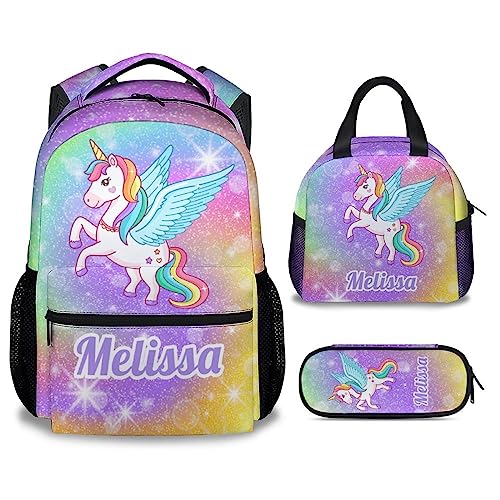 Homexzdiy Custom Unicorn Backpack with Lunch Box Set for Girls, Personalized 3 in 1 School Backpacks Matching Combo, Cute Purple Bookbag and Pencil Case Bundle