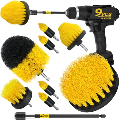 Holikme 9Pack Drill Brush ，All Purpose Drill Brush with Extend Attachment for Bathroom Surfaces, Grout, Floor, Tub, Shower, Tile, Kitchen and Car，Corner,Masonry Brushes，Yellow