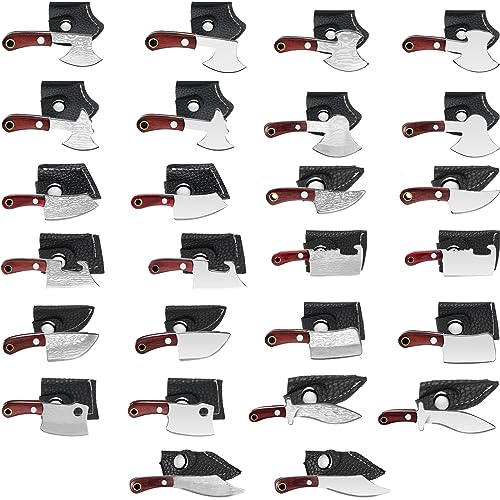 Sureio 26 Pcs Mini Knife Set Damascus Pattern Chef Knife Mini Knife Keychain Tiny Pocket Knife Small Stainless Steel Mini Cleaver with Sheath for Box Outdoor Camping Kitchen