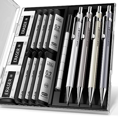 Four Candies 0.7mm Mechanical Pencil Set with Case - 4PCS Metal Mechanical Pencils, 8 Tubes HB #2 Lead Refills, 3PCS 4B Erasers and 9PCS Eraser Refills, Lead Mechanical Pencils for Writing & Drawing