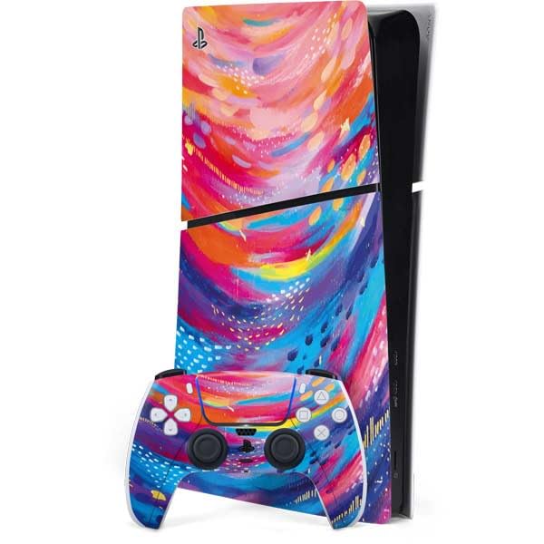 Skinit Decal Gaming Skin Compatible with PS5 Slim Digital Edition Bundle - Officially Licensed Rainbow Wave Brush Stroke by Etta Vee Design