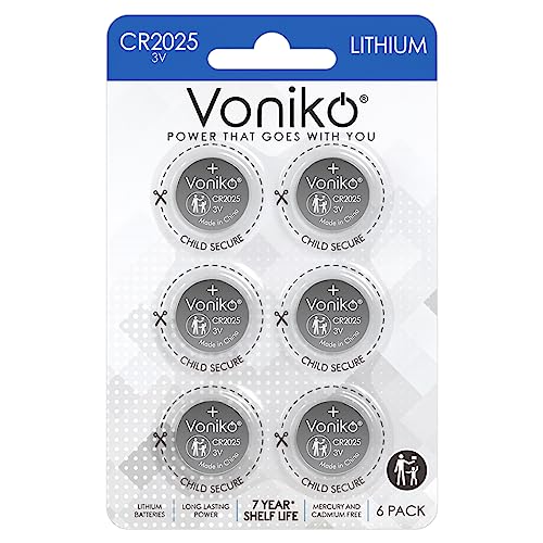 Voniko 3 Volt CR2025 Battery 6 Pack – CR 2025 Button Cell Battery – 2025 Lithium Coin Batteries, 7 Years Shelf Life