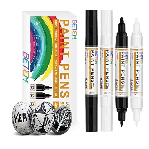 Betem 4 Count Dual Tip Oil Based White Black Paint Markers Paint Pens(0.7mm & 3mm), Permanent Paint Marker, Waterproof, Quick Dry, for Rock Painting, Wood, Plastic, Metal, Canvas(2White 2Black)