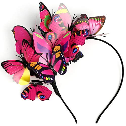 Coucoland Butterfly Fascinator Hat Monarch Butterfly Headband Crown Tea Party Halloween Costume Headpiece (Rose Red)